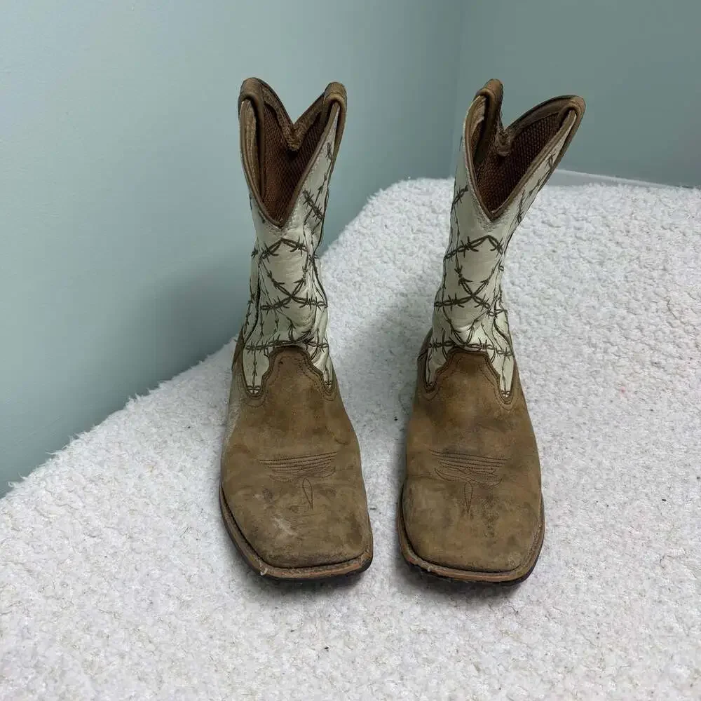 Twisted X Youth Bomber & White Barbed Wire Square Toe Western Boots Sz YOUTH 4